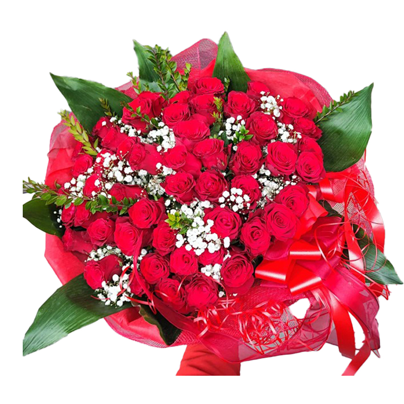 Bouquet di Rose Rosse con Gypsophila gambo media lungo